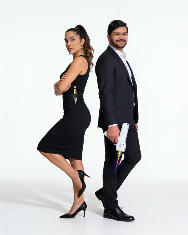 Sr. e Sra. FEN: Aline, com o dermógrafo na cintura, e Rafa, com o laser na mão, de costas um para o outro